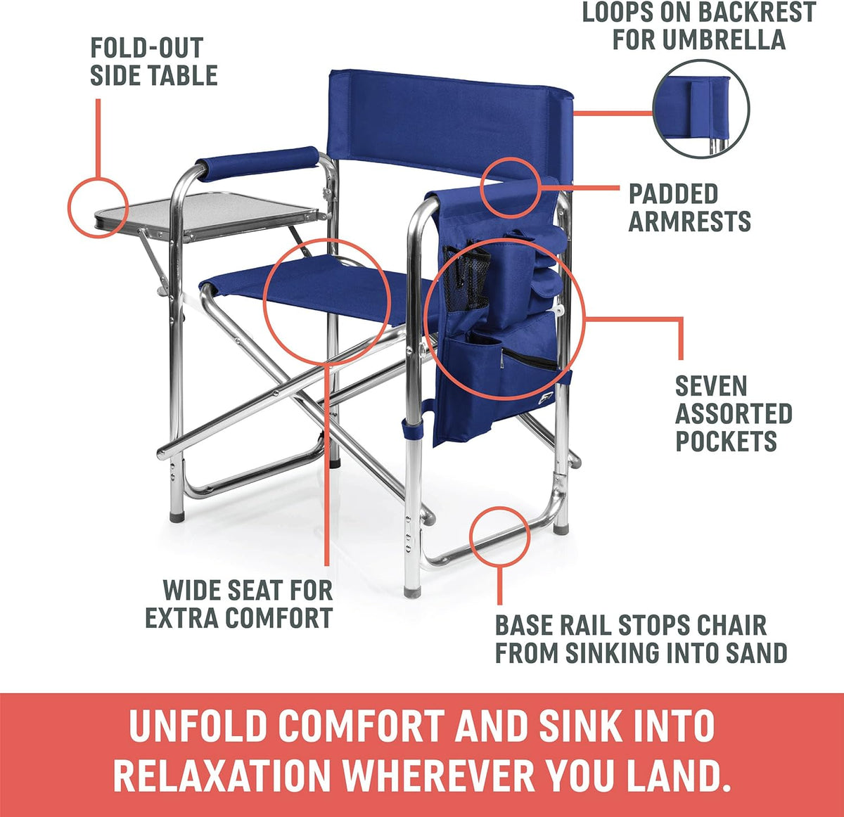 Sports Chair with Side Table and Armrest Caddy, Lightweight Aluminum Folding Outdoor Camping Chair for Adults, Portable Director Style Lawn Seating with Pockets & Carry Strap, (Red)