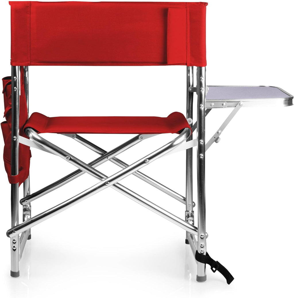 Sports Chair with Side Table and Armrest Caddy, Lightweight Aluminum Folding Outdoor Camping Chair for Adults, Portable Director Style Lawn Seating with Pockets & Carry Strap, (Red)