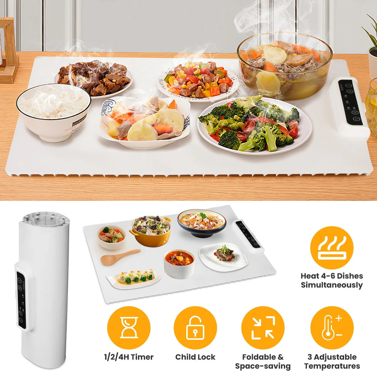 Electric Warming Tray Smart Food Warmer Roll up Heating Pad with Adjustable Temperature Control 3 Auto Timer Settings for Buffet Party Gathering Restaurant