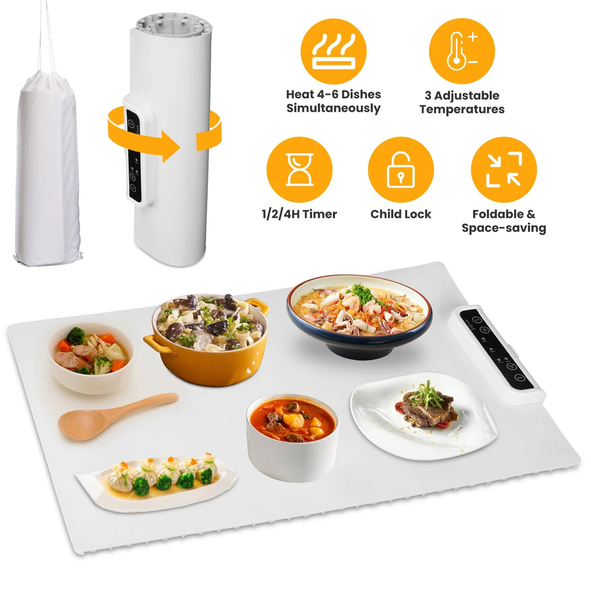 Electric Warming Tray Smart Food Warmer Roll up Heating Pad with Adjustable Temperature Control 3 Auto Timer Settings for Buffet Party Gathering Restaurant